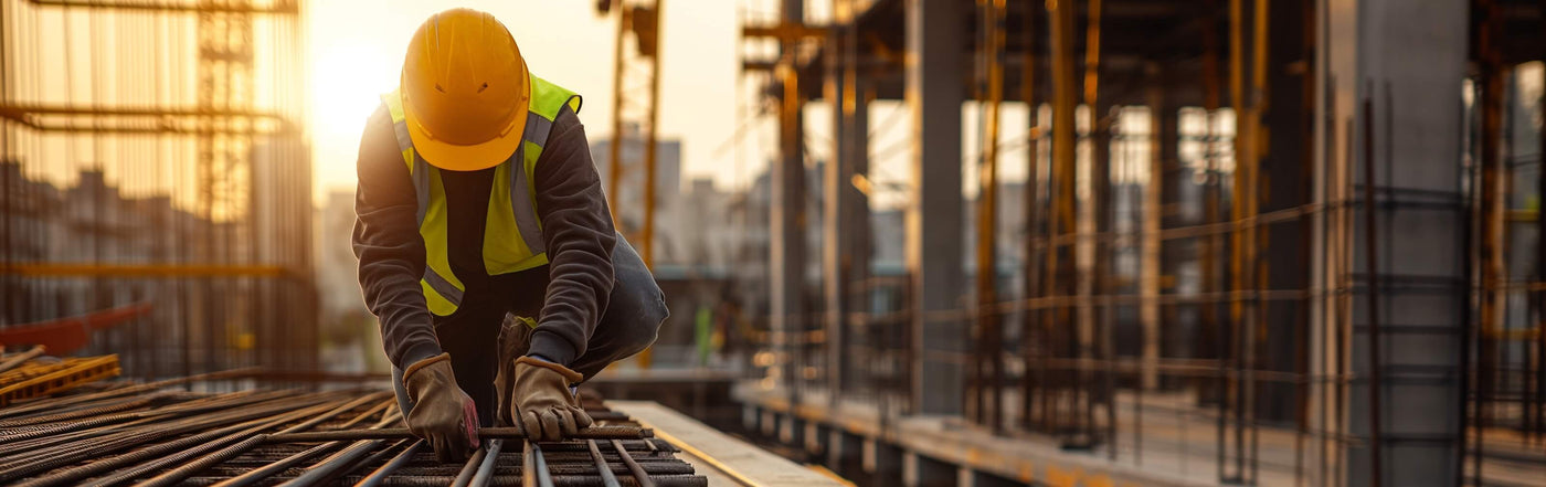Construction worker handling steel rebar